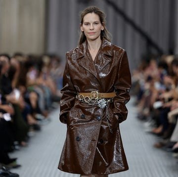 us actress and film producer hilary swank presents a creation by miu miu for the women ready to wear spring summer 2025 collection as part of the paris fashion week, in paris on october 1st, 2024 photo by geoffroy van der hasselt afp